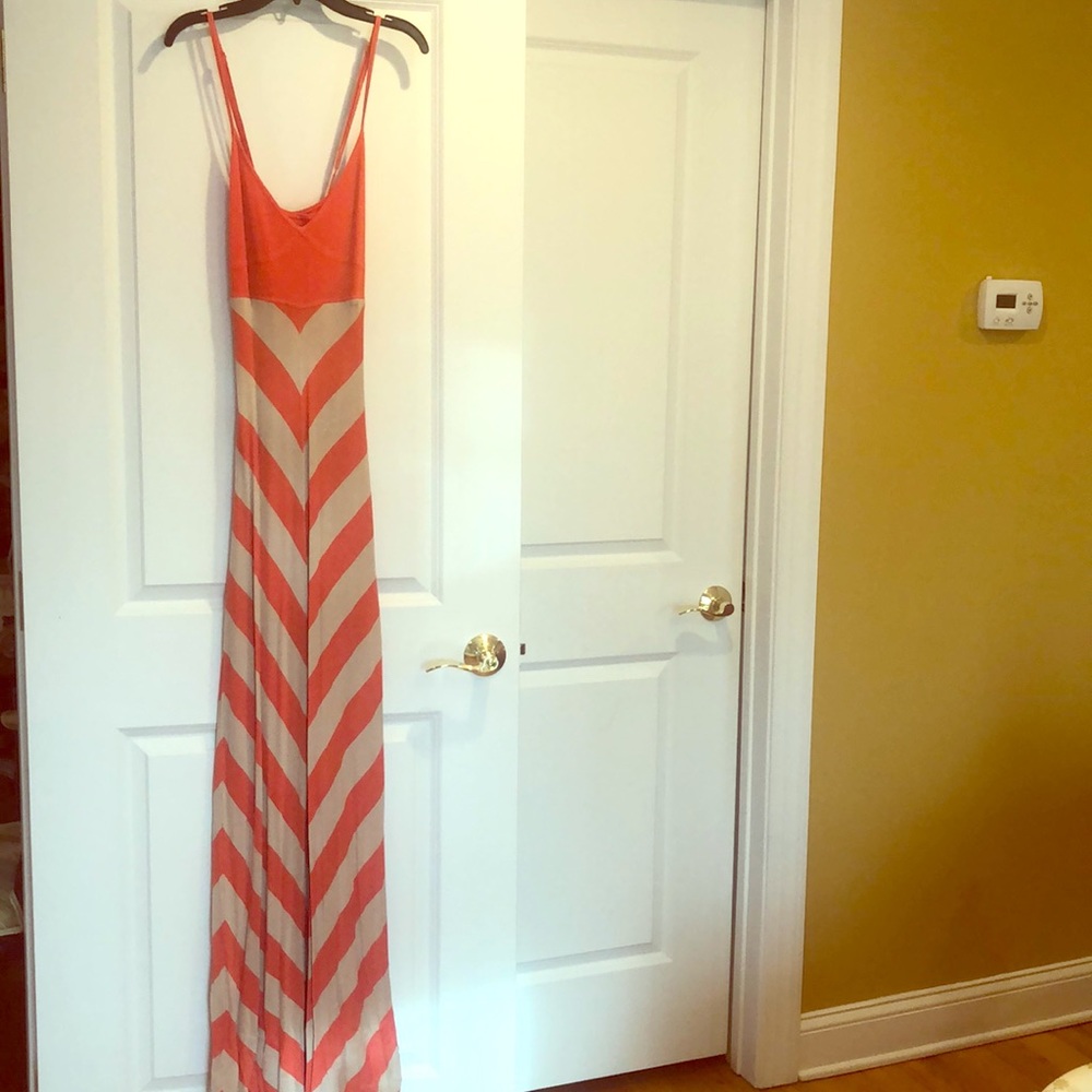 BEBE CORAL AND TAN LONG DRESS